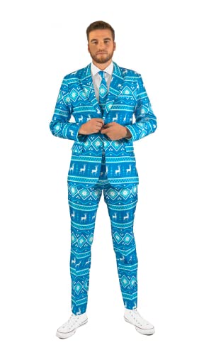 Offstream Men's Ugly Christmas Suit - Nordic Reindeer Print Holiday Clothing - Blue - White X-Mas...