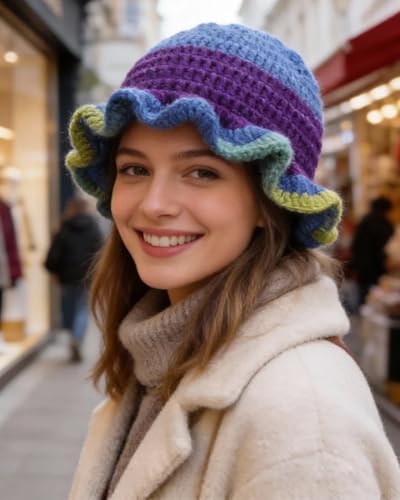 Image of Women Crochet Bucket Hat Cute Winter Ruffled Brim Floppy Cap Handmade Knit Cloche Hats