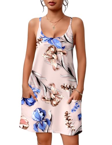 Image of Ekouaer Nightgowns for Women Cotton Sleepwear Sexy Sleep Shirt Adjustable Spaghetti Strap Night Gowns with Pockets S-3XL