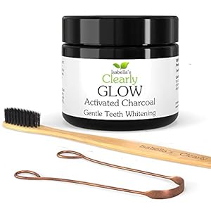Clearly GLOW Teeth Whitening Kit (4 Piece) – Pure Food Grade Activated Charcoal Powder, Bamboo Ultra Soft Toothbrush, Copper Tongue Cleaner, Eco Friendly Gift Bag. Vegan Natural Toothpaste Products.
