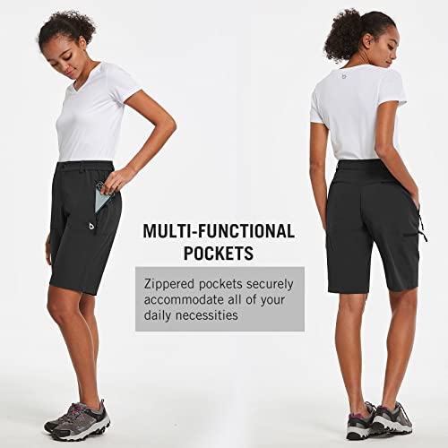 Baleaf Women's Long Hiking Bermuda Shorts 10" Quick Dry Stretch Golf Shorts With Pockets Upf 50+ For Camping, Work Black Size L #TOP3