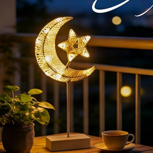 SKIKHN Lampada a LED a Forma di Luna e Stella,Lampada da Tavolo a Luna,Lampada Notturna in Ferro,Ramadan Decoration Lantern,Ramadan Mubarak Eid Decorazioni Luce,Moon Lamp per Ramadan Deco Luce Calda