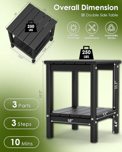 Image of GREENVINES Adirondack Outdoor Side Table, 14'' x 13'' HDPE Plastic All Weather End Tables with Storage Shelf for Poolside Indoor Outside Front Porch Living Room Patio Backyard Campfire, Black