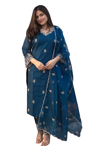 Image of Royal Export Women's Kurta Set | Viscose Silk Floral Embroidered Straight Kurta Pant Dupatta Set Kurta Sets for Women | Ladies Kurta Set (RX60-P)