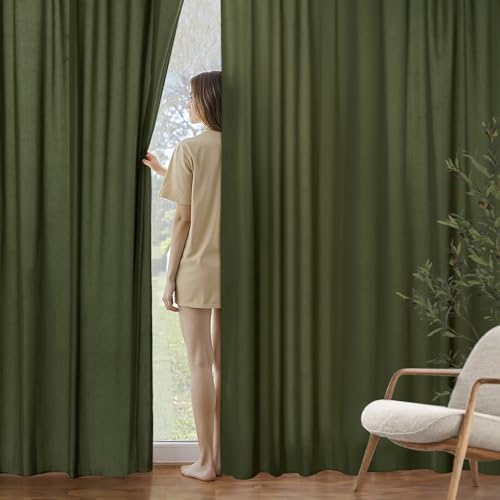 Image of MIULEE Olive Green Semi Sheer Privacy Curtains Drapes 2 Panels 52W x 63L | Semi sheer privacy, non-see-through, light filtering, fits kitchen, bathroom, bedroom
