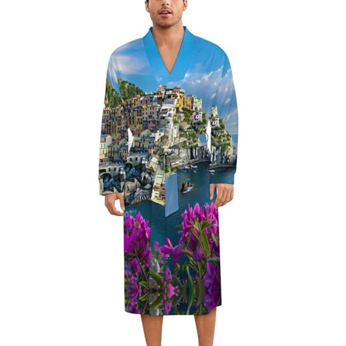 Italy Manarola's Coastline Soft Robe Long Sleeve Bathrobes V Neck Sleepwear Spa Robes with Belt Men Woman