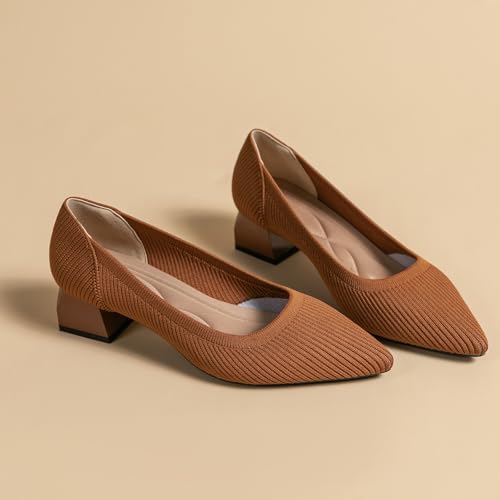 SWDZM Women's Closed Pointed Toe Low Chunky Heels Knit Slip On Block Heeled Pumps Breathable Dress Shoes2