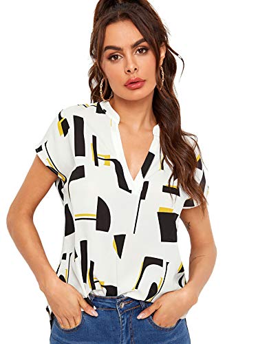 Milumia Women Elegant V Neck Geometric Print High Low Chiffon Work Blouse Summer Tops White Small