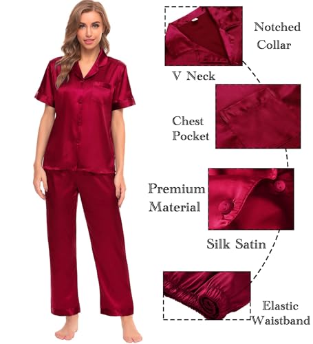 Image of SWOMOG Womens Silk Satin Pajamas Sets 4pcs Sleepwear Sexy Cami Shorts Set and Button Down Short Sleeve Pjs Loungewear