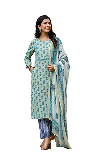 Image of Vaamsi Women's Cotton Blend Floral Straight Kurta Pant With Dupatta