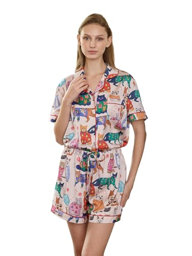 Flori Aura Pajamas Shorts Silk Pjs Women Satin Pajama Set Cute Sweater-Wearing Cat Print Pj Tee and Shorts Soft Short Sleeve Womens Sleepwear 2 Pieces Gift for Family Party Ladies Loungewear