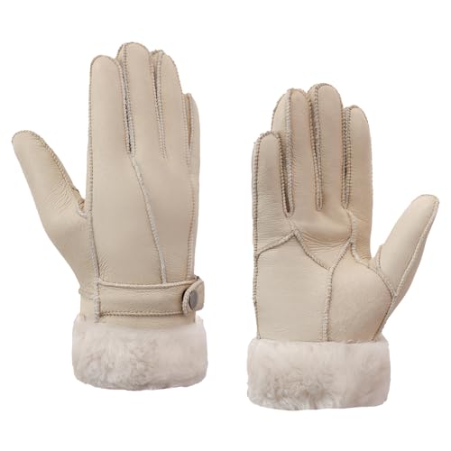 MGGMOKAY Damen Shearling Handschuhe Damen Lederhandschuhe Shearling Warme Winterhandschuhe,Beige,L