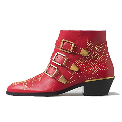 Verocara Botines tachonados para mujer con puntera de almendra con correa de hebilla de remache y tacón bajo de bloque de cuero para señora botines, G Red Lea, 37 EU