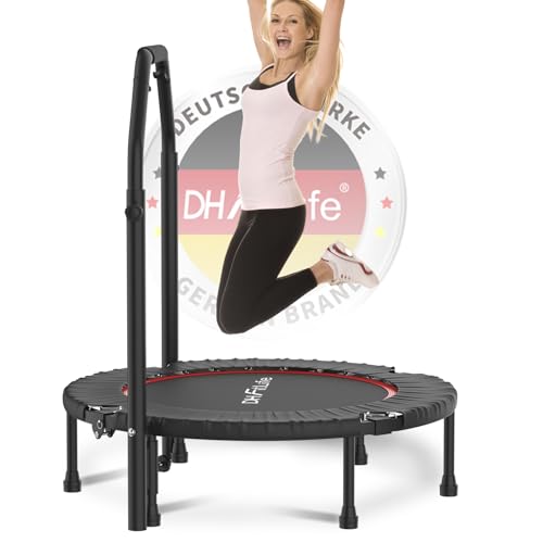 DH FitLife 40” Foldable Fitness Trampoline – Quick & Easy Assembly | Mini Rebounder Trampoline for Adults | Max Load 150KG | 4-Level Adjustable Handle | Quiet & Stable for Indoor Workouts