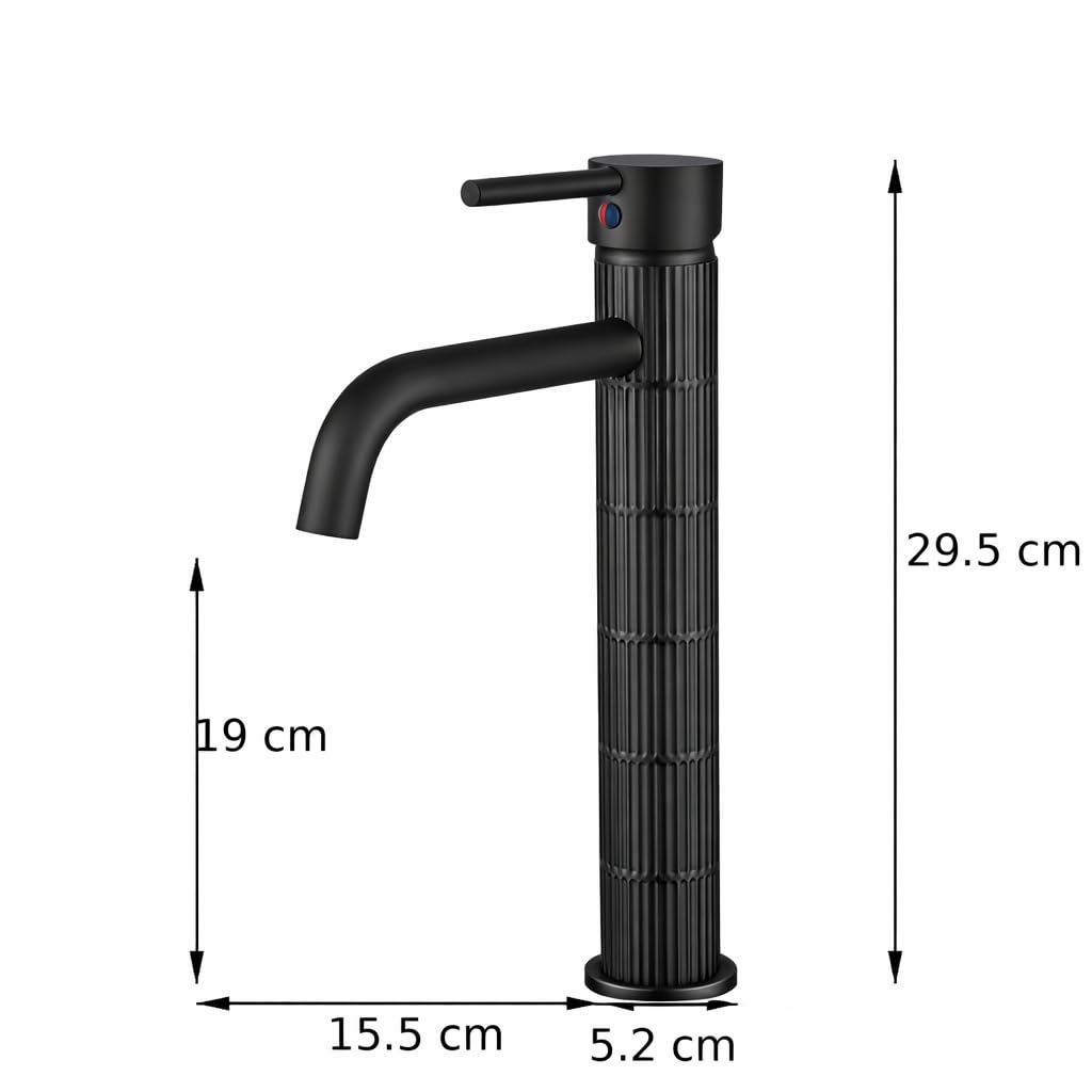Grifo de lavabo alto monomando con cuerpo de latón, mezclador para lavabo sobre encimera, acabado negro mate, cartucho cerámico duradero (Negro mate, Alto) — view 6