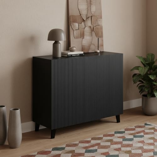 Bellamio Tana Kommode schwarz – Sideboard Wohnzimmer 92 cm lang geriffelt – TV Schrank mit 8 Fächern – Kommodenschrank mit geriffelter Front – Wohnzimmerschrank 40 cm tief – Kommode Schlafzimmer Holz
