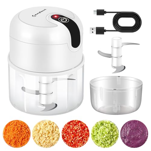 Image of EASYSPEED Electric Garlic Chopper 1 Cup, Mini USB Charging Wireless Food Processor with 304 Stainless Steel, 3 Sharp Blades, Portable Kitchen Meat Grinder for Onion, Garlic, Ginger, Baby Food,White