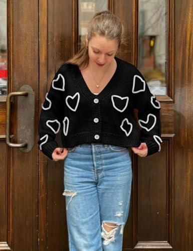 Image of Yimoon Women's Valentines Heart Cardigan Sweater Cute Cropped Knit Sweater Oversized Button Down Cardigan Top