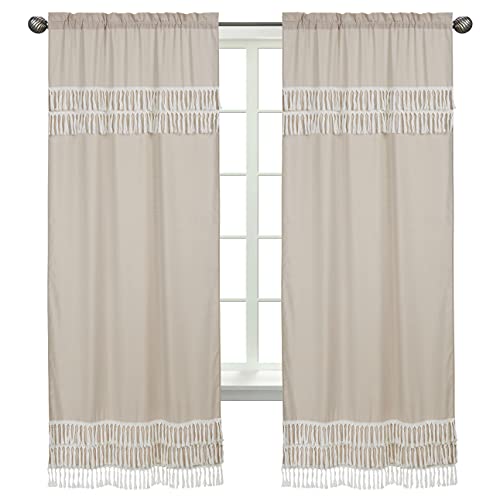 Image of Sweet Jojo Designs Boho Fringe Window Treatment Panels Curtains - Set of 2 - Gender Neutral Beige Tan Taupe Linen Tassel Macrame for Bohemian Woodland Farmhouse Botanical Leaf Collection