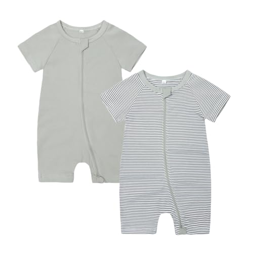 Image of Feidoog Baby Boys 2Pack Rompers Summer Short Sleeve 2 Way Zipper One-Piece Romper Jumpsuit Sleep and Play
