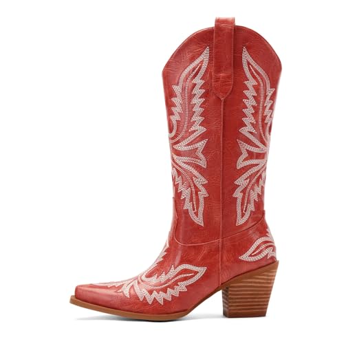 Image of Cowboy Boots for Women - Embroidered Western Cowgirl Boots with Fashion Snip Toe, 1.75-Inch Low Block Heel and All-Day Comfort Fit
