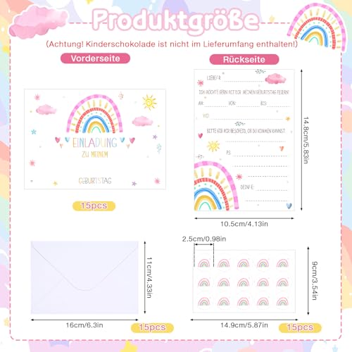 15 Sets Einladungskarten Kindergeburtstag Mädchen Junge mit 15 Briefumschläge,15 Einladungskarten und 15 Verschlussaufkleber,Rainbow Invitation Cards ,Regenbogen Partyeinladungen,Ohne Kinderschokolade