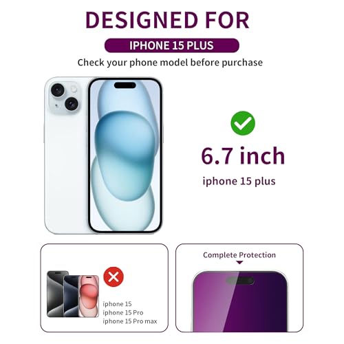 Image of 2 Pack Privacy Screen Protector for iPhone 15 Plus Tempered Glass 6.7inch Private Glass Anti-Spy Eye Protection Anti-Scratch Full Coverage No Bubble