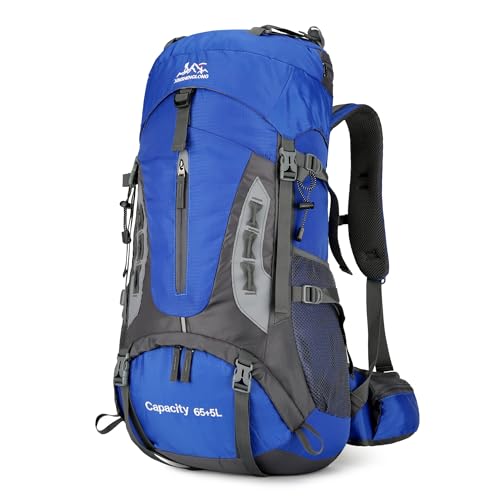 DEIUOGE Zaino da viaggio impermeabile da 70 l, grande, leggero, per campeggio, trekking, passeggiate, arrampicata, 33 x 25 x 68 cm, unisex, con copertura antipioggia, Blu scuro