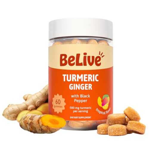 BeLive Turmeric and Ginger Gummies - 500mg - Joint and Mobility Support Supplement - Curcumin with Black Pepper for Enhanced Absorption - Gluten Free and Vegan - Tropical Flavor - 60 Count