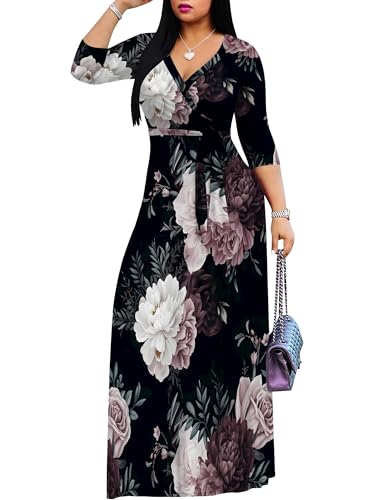 Image of PinkPatty Women's Plus Size Maxi Dresses Casual Flowy 3 /4 Sleeves Dress Printed Vacation Dress for Daily Wear with Belt