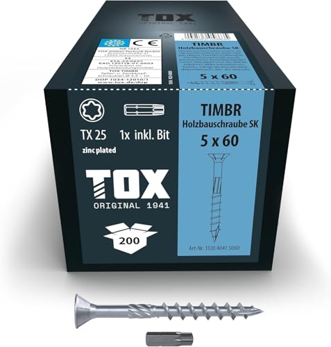 TOX tornillos para construcción de madera TIMBR SK 5,0 x 70 mm, azul galvanizado con cabeza avellanada, TX25, 200 piezas en una caja, incl. 1x broca, 112040415070