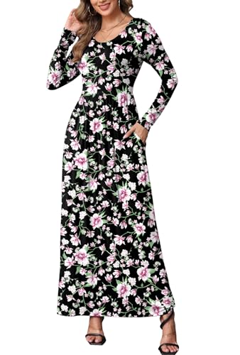 Image of EUOVMY Women's Long Sleeve Loose Maxi Dresses Casual Long Dresses with Pockets