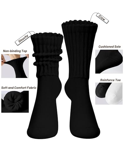 Scrunch Crew Socks Women 3 Pack Padded Cotton Slouch Socks Retro Ribbed Thick Mid Calf Socks Size 9-113