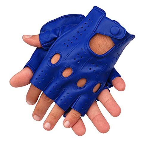 DRIVING GLOVES HALF FINGER FINGERLESS KNUCKLE HOLES FOR MEN GENUINE LEATHER (Medium, Blue)