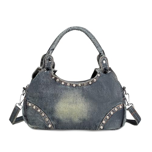 Image of Fashion Crossbody Bag Denim Purse with Rhinestones Y2K Jean Handbag for Women | Washed Denim