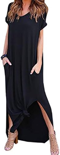 PRIMODA Women's Casual Sexy Side Split V Neck Loose Pocket T-Shirt Long Dress Short Sleeve Maxi Dress(Black,M)