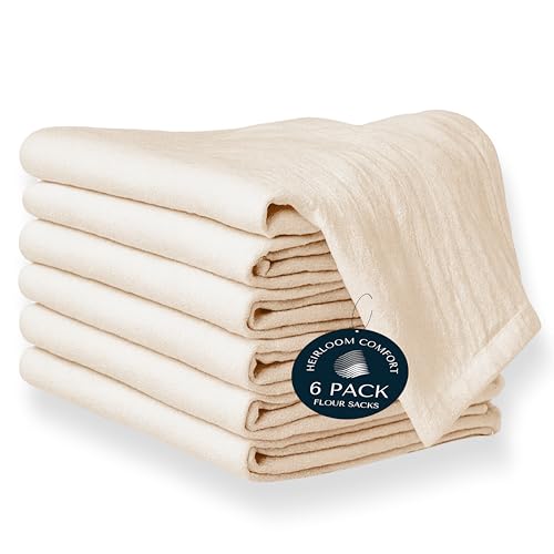 HEIRLOOM COMFORT Flour Sack Towels 6 Pack Oversized, 28x28 Inch, 100% Cotton, Prewashed Soft, Lint-Free Lightweight Dish Towel for Baking, Wrapping Bread, Drying, Embroidery Projects - Natural
