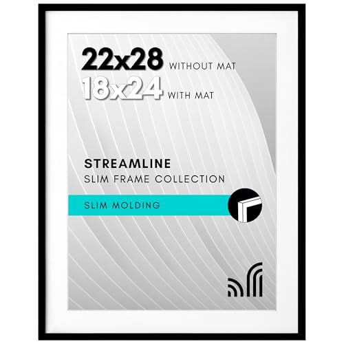 Americanflat 22x28 Poster Frame with Polished Plexiglass - Use as 18x24 Frame with Mat or Display 22x28 Photo Without Mat - Streamline Collection - Thin Border Picture Frames for Wall - Black