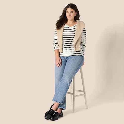 Amazon Essentials Camiseta de Cuello en V, Manga Larga, Corte Regular, 100% Algodón Mujer, Cáscara de Huevo Negro Mariner Rayas, L