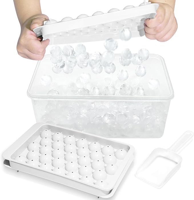 Round Ice Cube Tray Set with Container, 2 Pack White Silicone Ice Molds with Lid, 1-Inch Spheres, Storage Bin for Freezer, Twist Release
