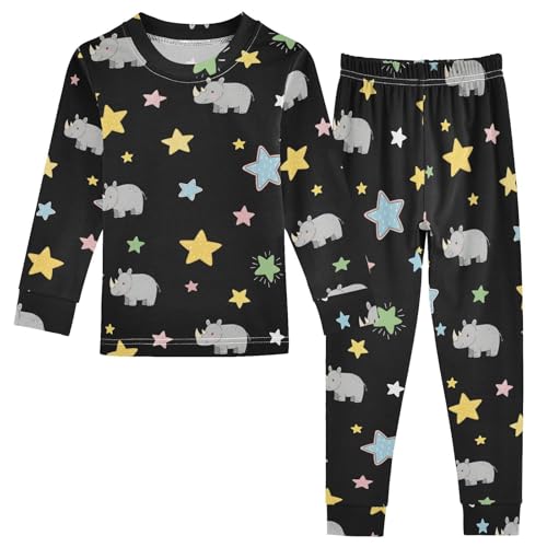 Pajama Sets Long Sleeve Rhinoceros Among Colorful Stars Pattern Soft Comfy Sleepwear 2 Piece PJS 3-8T