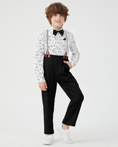 Image of DISAUR Boys Dress Clothes Wedding Ring Bearer Outfit Boy Formal Suits Dress Shirt with Bow Tie +Suspender Pants Set