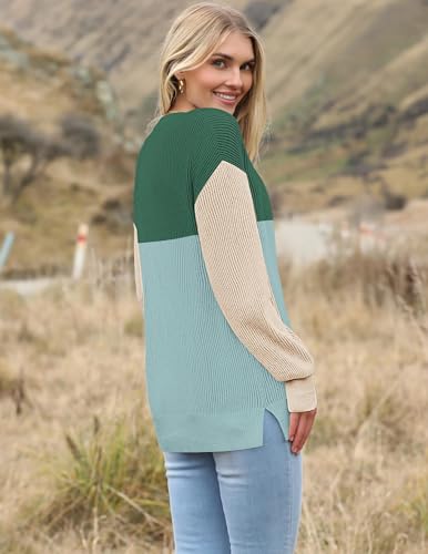Image of Zeagoo Women 2026 Fall Lightweight Oversized Sweater Crew Neck Long Sleeve Color Block Pullover Rib Knit Blouse Tops XS-2XL