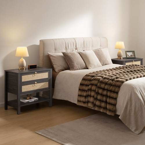 Image of SICOTAS Night Stand with Drawers and Storage Shelf - Large Nightstands Rattan Decor Boho Bedside Table Narrow Side Table for Bedroom, Small Space