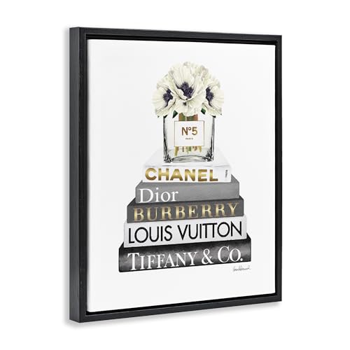 Image of 'White Poppies Grey Fashion Books'| Floating Frame Canvas Art | Stupell Industries | Black, 17 x 21 Inches, Easy to Hang and Sturdy, Made in USA, by Amanda Greenwood