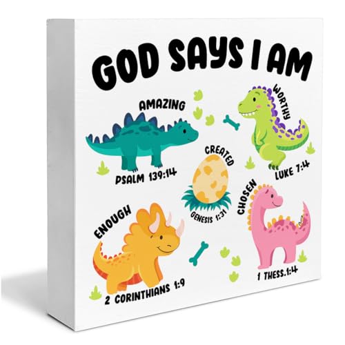 Image of Bible Verse Wooden Box Sign Christian Home Nursery Decor God Says I Am Scriptures Dinosaur Desk Decoration Dino Wood Block Plaque Box Sign 5 x 5 Inches