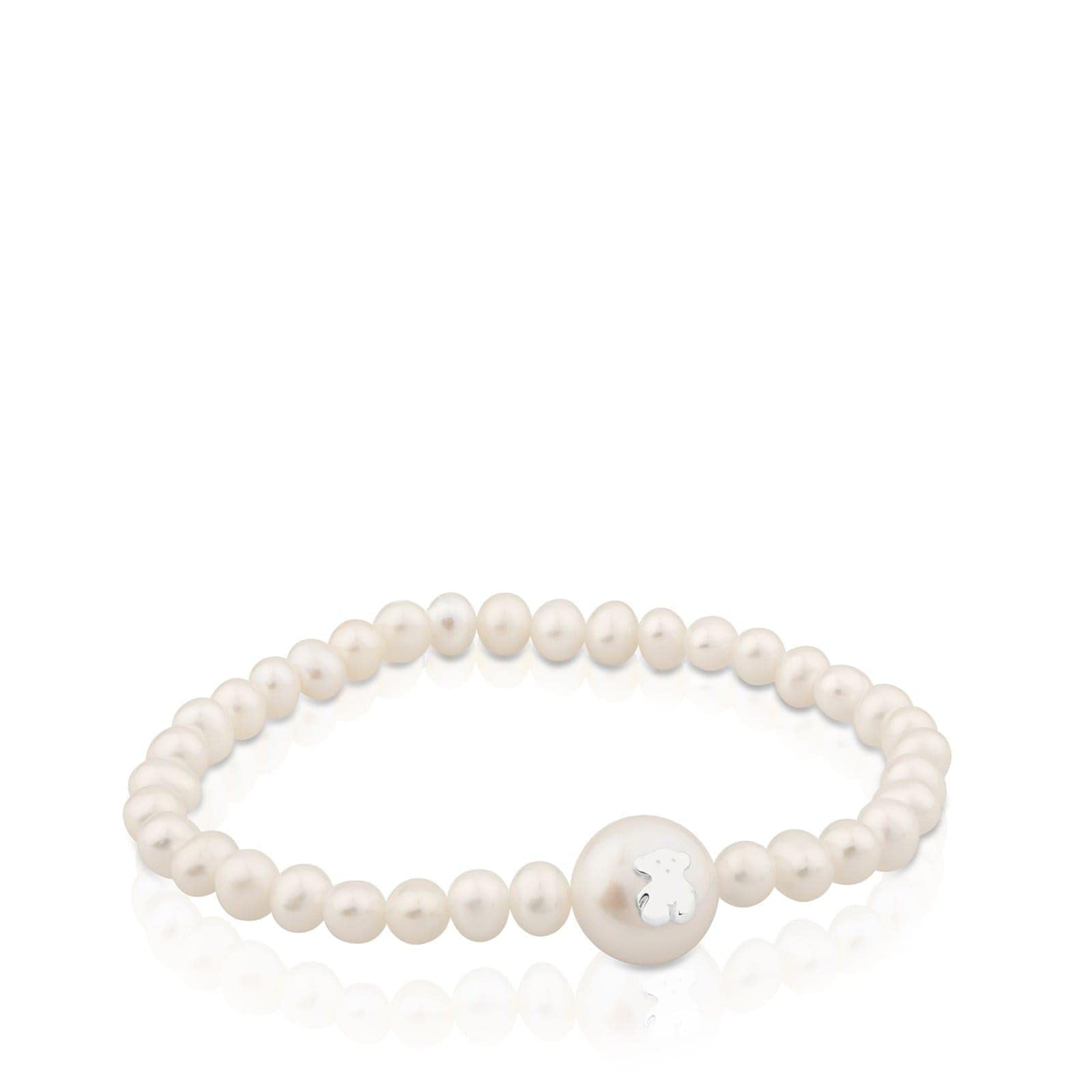 TOUS Pulsera Elástica con Perlas Cultivadas para Mujer con Motivo de Oso 1cm en Plata de Primera Ley, Clásica y Sofisticada, Colección Sweet Dolls
