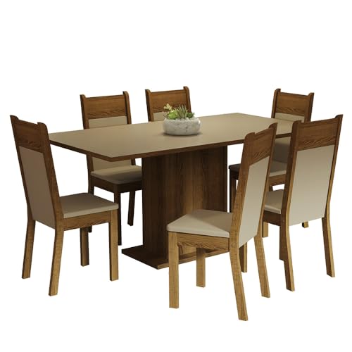 Image of Madesa Augusta 6 Seater Dining Set, Rectangular Engineered Wood Table 160 cm, Brown and Beige Upholstered Chairs, Dining Room Furniture