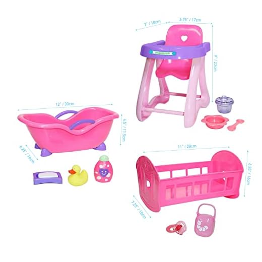 JC Toys Deluxe Doll Accessory Bundle | High Chair, Crib, Bath and Extra Accessories for Dolls up to 11" | Fits 11" La Baby & Other Similar Sized Dolls, Pink (81453)