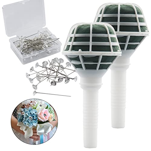 Arlai 2pcs 7.1 Bridal Bouquet Stand Wedding Bridal Bouquet Holder Foam Flower Handles (Green+White) with 50pcs Bouquet Pin Brooch Flower Pin Teardrop Pearl Head Pin for Bride Artificial Flower